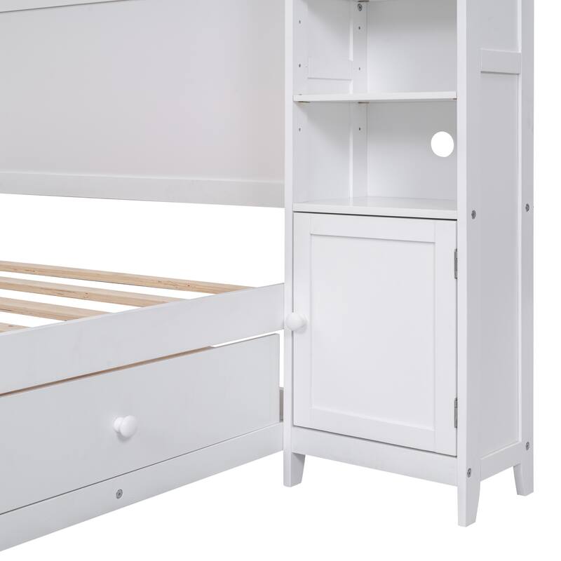 Full Size White Wooden Storage Bed with Cabinet, Shelf and 4 Drawers