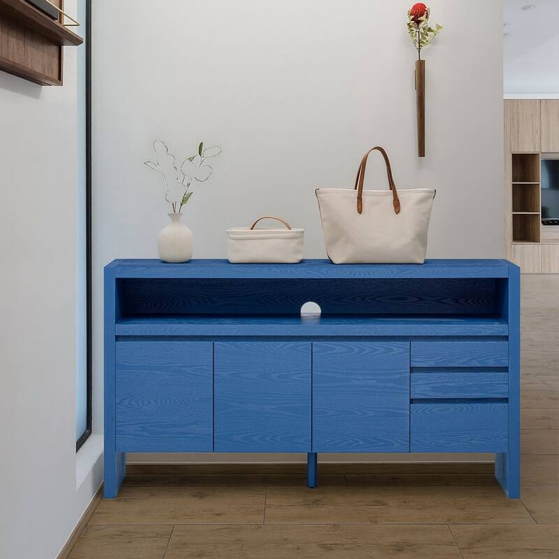 Modern Freestanding Wooden Sideboard with Three Drawers, Two Cabinets and a Shelf - Navy Blue