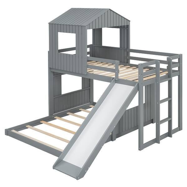 slide 2 of 15, Cabin Design Twin Over Full Bunk Bed,Solid Wood Bed with Ladder and Guardrails Gray