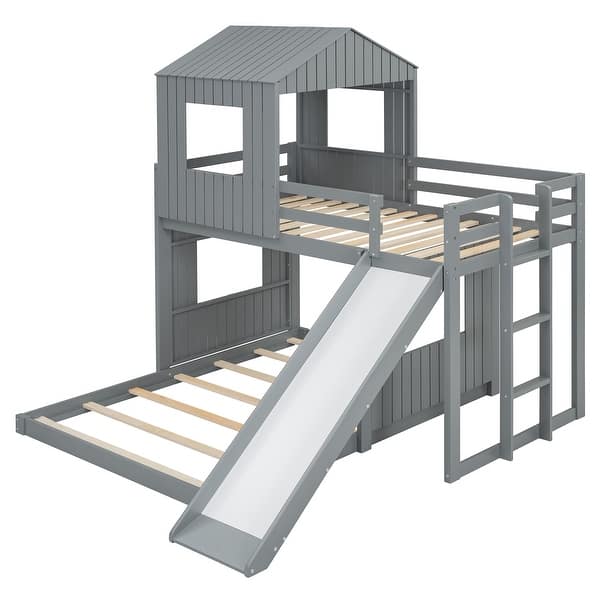 slide 2 of 15, Twin Over Full Bunk Bed, Loft Bed with Playhous Gray