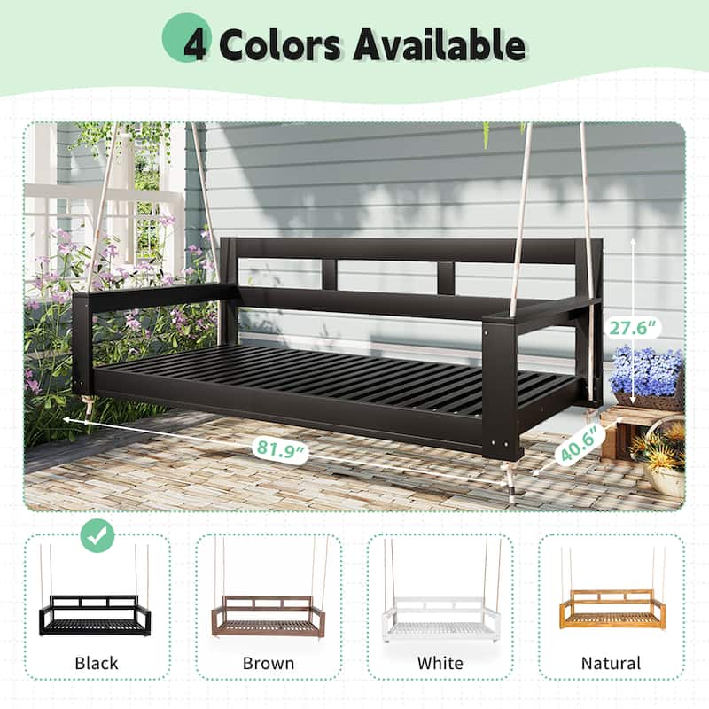 Solid Wood Twin-Size Porch Swing Daybed – 4-Rope Hanging Garden Bench for Backyard & Outdoor Lounging‌