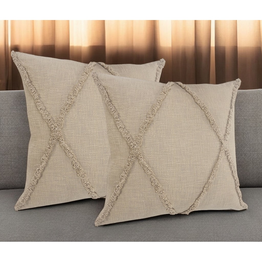 Set of Two Taupe and Brown Diamond Cotton Throw Pillow With Fringes