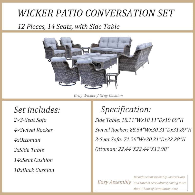 12 Piece Outdoor Wicker Patio Furniture Seating Set with Swivel Chairs