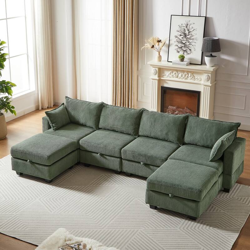 113.5'' Modern U-shaped Corduroy Modular Convertible Sectional Sofa with Storage Ottoman - Green
