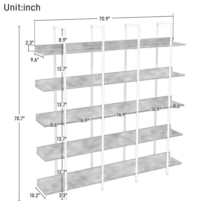 5 Tier Bookcase Home Office Open Bookshelf, Vintage Industrial Style Shelf with Metal Frame, MDF Board
