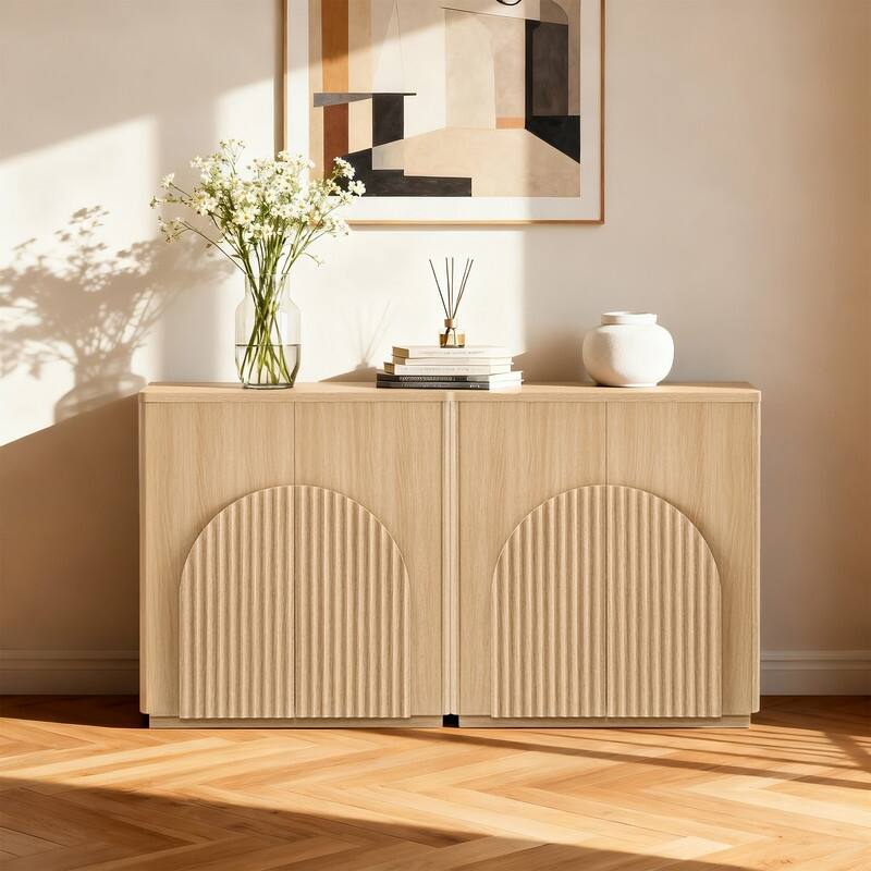 Spruce & Spring Modern Sideboard Buffet Cabinet with Wave Design - 2 Pieces - Oak