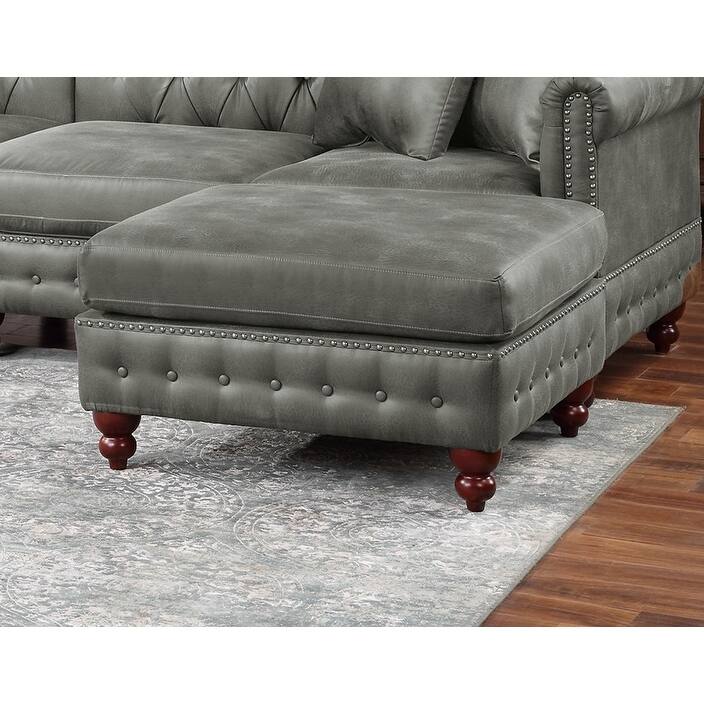 1pc Cocktail Ottoman Slate Gray Breathable Leatherette Tufted Nailhead Wooden Legs Living Room Furniture