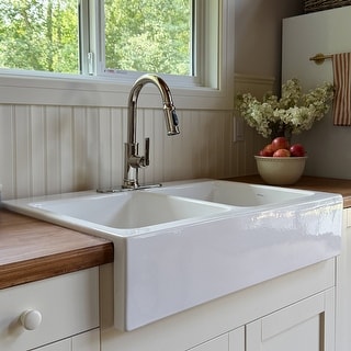 Parker Crisp White Fireclay 34" Double Bowl Quick-Fit Farmhouse Apron Front Drop-in Kitchen Sink and Drains