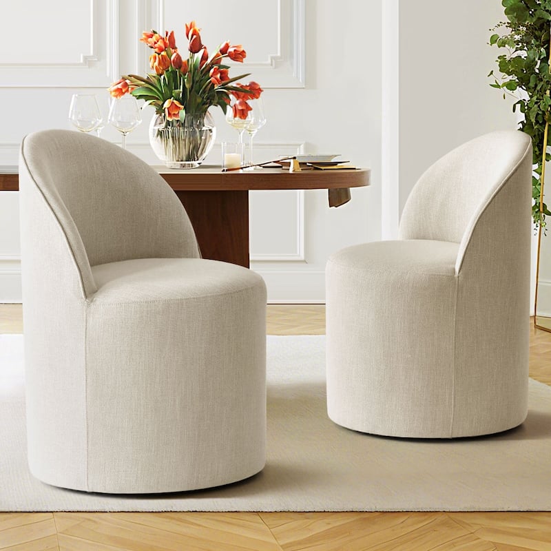 Linen Rolling Upholstered Dining Chair with Wheels (Set of 2) - Beige