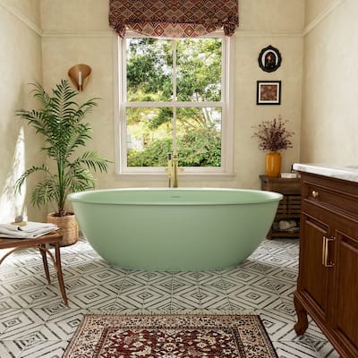 Luxury Flatbottom Solid Surface Freestanding Soaking Bathtub with Discreet Towel Slot and Drain Assembly