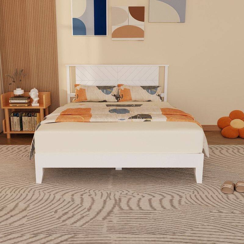 Twin Size Deluxe Bed Frame with Headboard with Solid Wood, No Box Spring Needed, Easy Assembly, White - Full - White