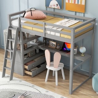 Twin Wooden Loft Bed with Desk, Two Built-in Storage Drawers & Shelves, High Loftbed with Bookshelves for Kids Teens Bedroom