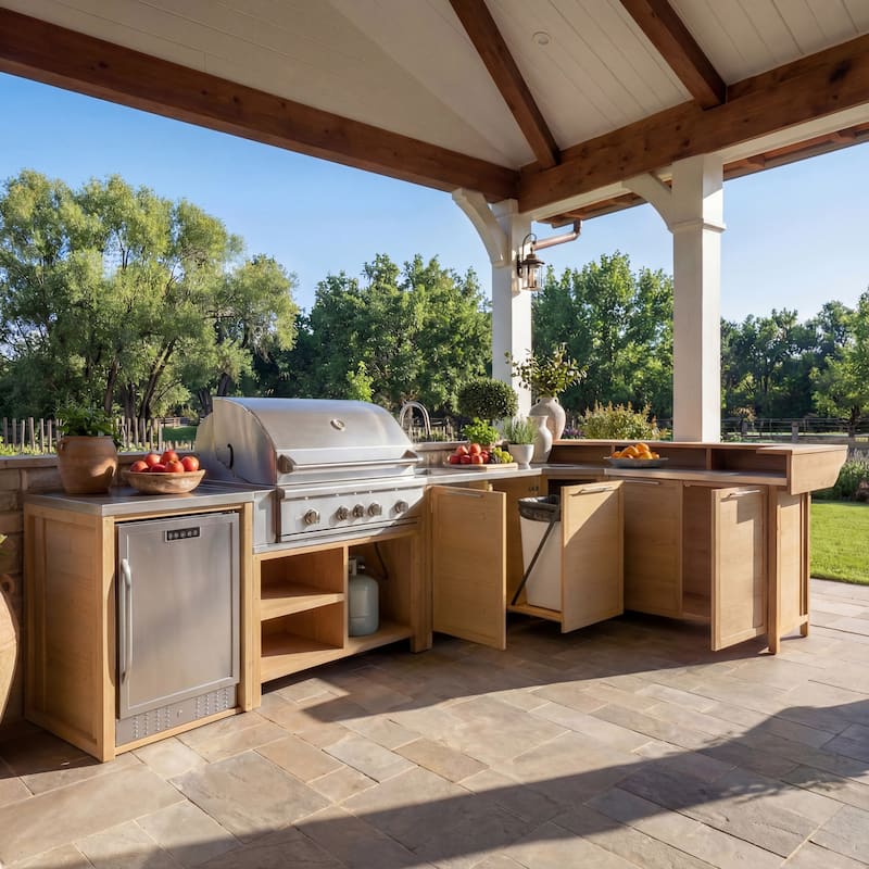Modular Outdoor Kitchen Cabinet Set 100% Solid Wood Patio BBQ Island with Stainless Steel Countertop