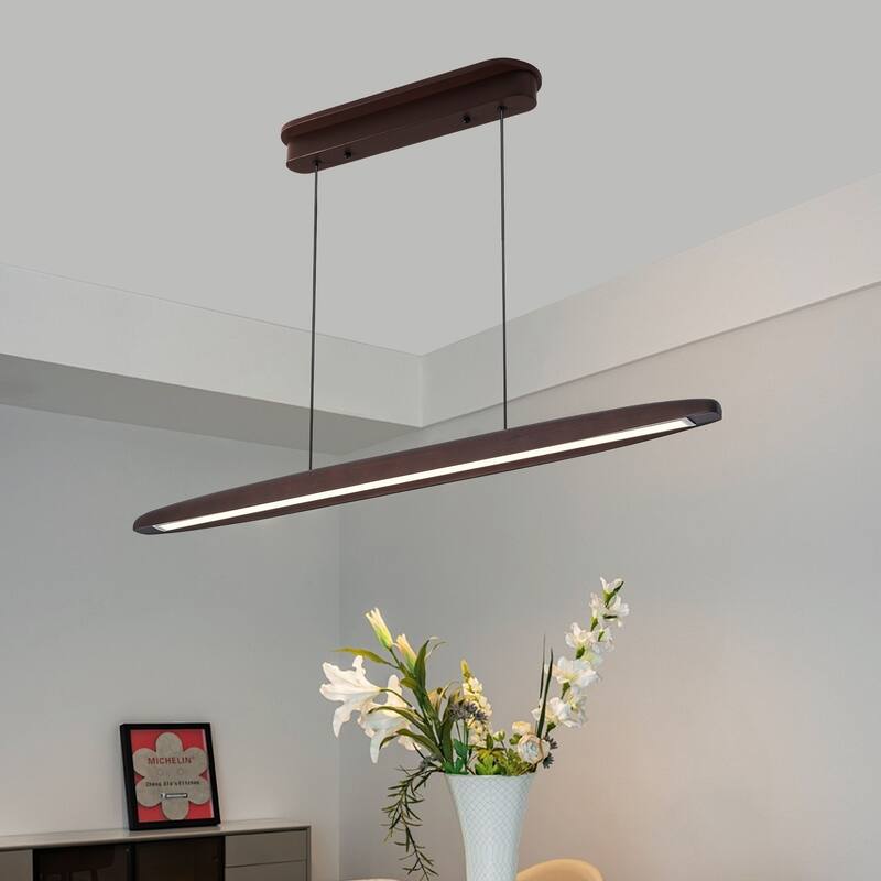 51" Wooden LED Pendant - Remote - Adjustable - Walnut - Dining Kitchen