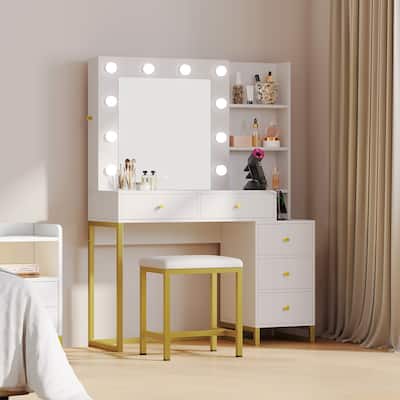 Moasis Makeup Vanity Set with Lighted Mirror & Stool, Sliding Hidden Jewelry Storage