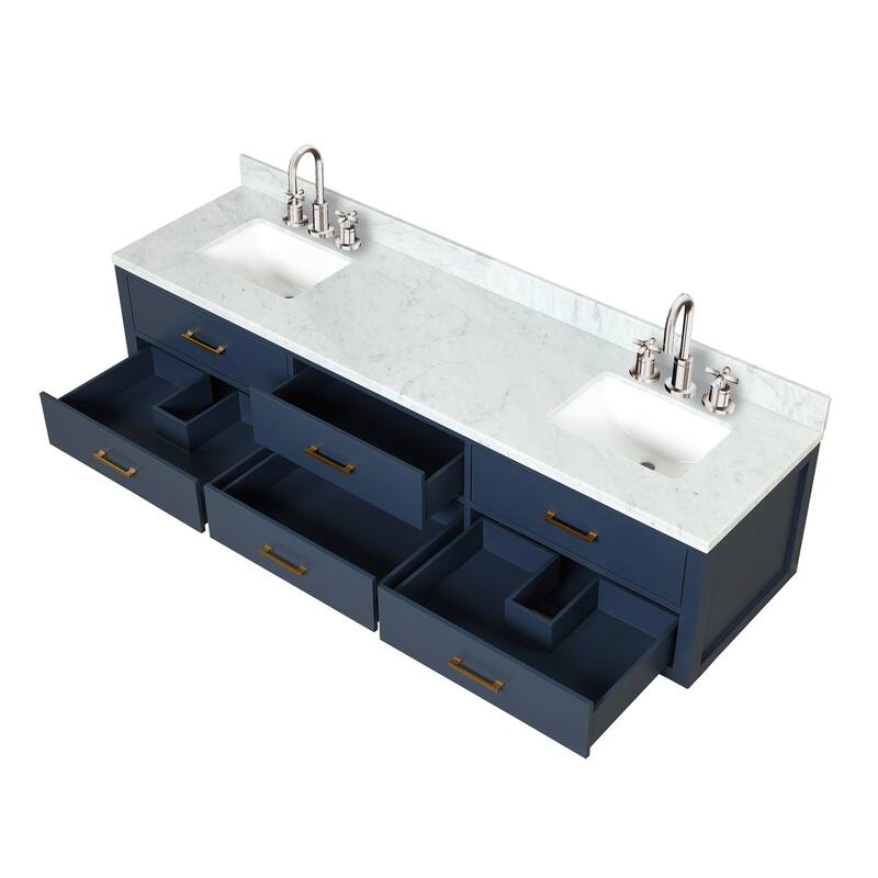 Lexora Castor Double Bath Vanity, Carrara Marble Top, Faucet Set, and Mirrors
