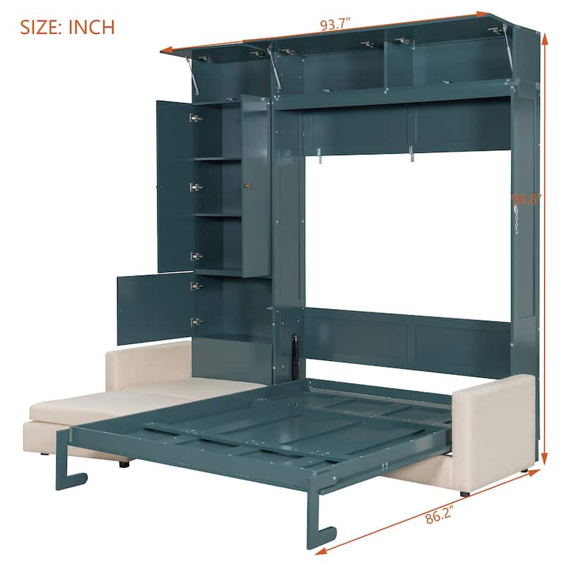Queen Size Storage Murphy Bed Cabinet with L Shaped Sofa, Solid Wood Wall Murphy Bed Frame, No Box Spring Needed