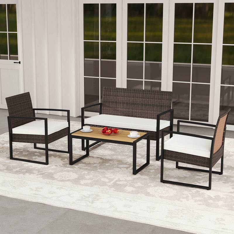 Gymax 4 Pieces Patio Furniture Set PE Rattan Porch Chairs w/ Loveseat