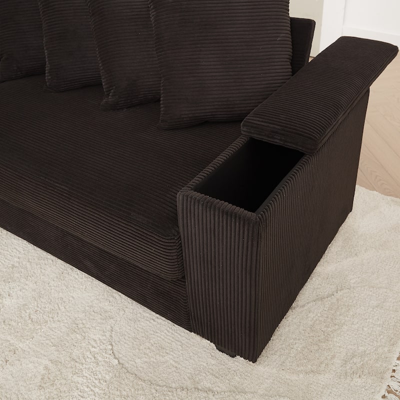 L-shaped Sectional Sofa with Chaise Corduroy Upholstered Couch with Reversible Ottoman, 2 Storage Armrests and 8 Pillows