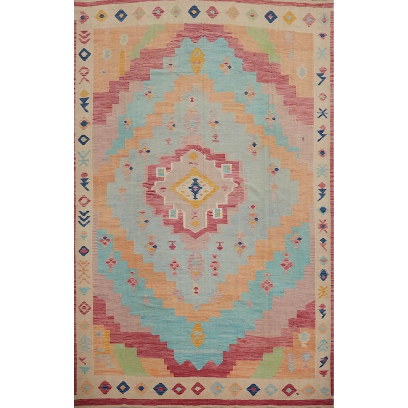 Hand Woven Oriental 100% Wool Carpet Southwestern Tribal Navy Blue & Blues Kilim Area Rug - 12' 11'' X 9' 6''
