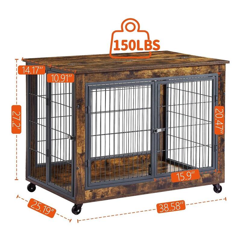 Dog Crate Furniture with Double Doors on Casters