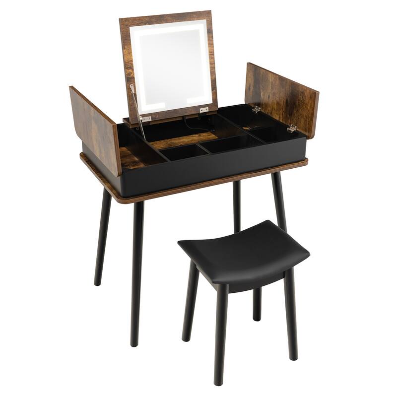 Makeup Dressing Table Set Vanity Desk with Lighted Flip Top Mirror - Rustic Brown