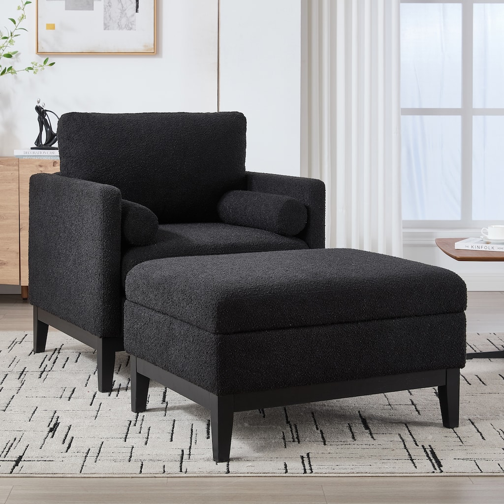 Roomfitters Boucle Accent Chair with Ottoman, Farmhouse Armchair and Reversible Lid Coffee Table Set for Living Room or Lounge