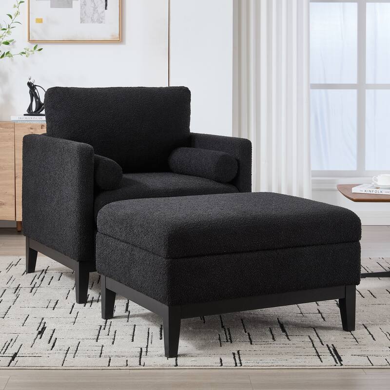 Roomfitters Boucle Accent Chair with Ottoman, Farmhouse Armchair and Reversible Lid Coffee Table Set for Living Room or Lounge - Black