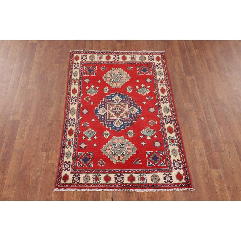 Red Kazak Accent Rug Handmade Geometric Wool Carpet - 3'2" x 4'11"
