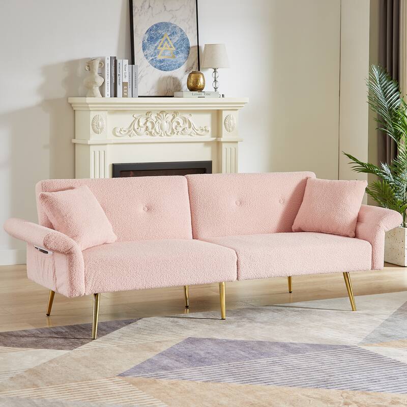 Convertible Sofa Loveseat Sleeper Sofa Couch with Reclining Backrest, Sofa Bed Upholstered Sofa with Pillows - Pink
