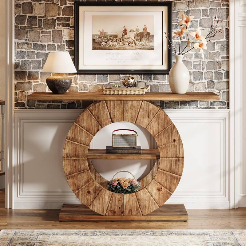 Solid Wood Console Table with Storage, Sofa Table with 3-Tier Shelves for Living Room, Hallway, Foyer