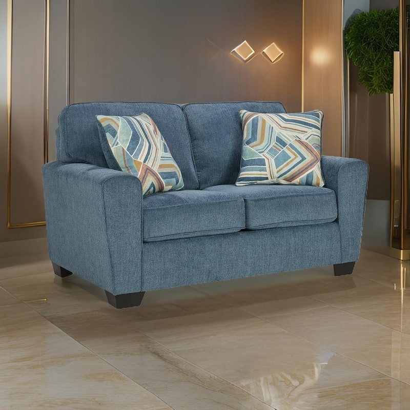 Caten 63 Inch Loveseat, Transitional Polyester, 2 Pillows, Muted Blue