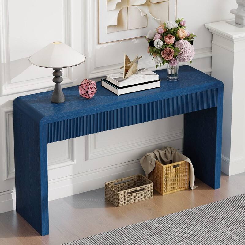 Rustic 52.9" Console Table with 3 Fluted Drawers and Solid Wood Veneer for Entryway Display and Storage - Navy Blue