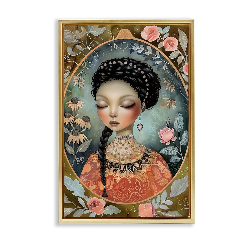 Stupell Floral Edged Portrait of Woman Framed Floater Canvas Wall Art Design By The Dutch Lady - 17 x 25 - Gold