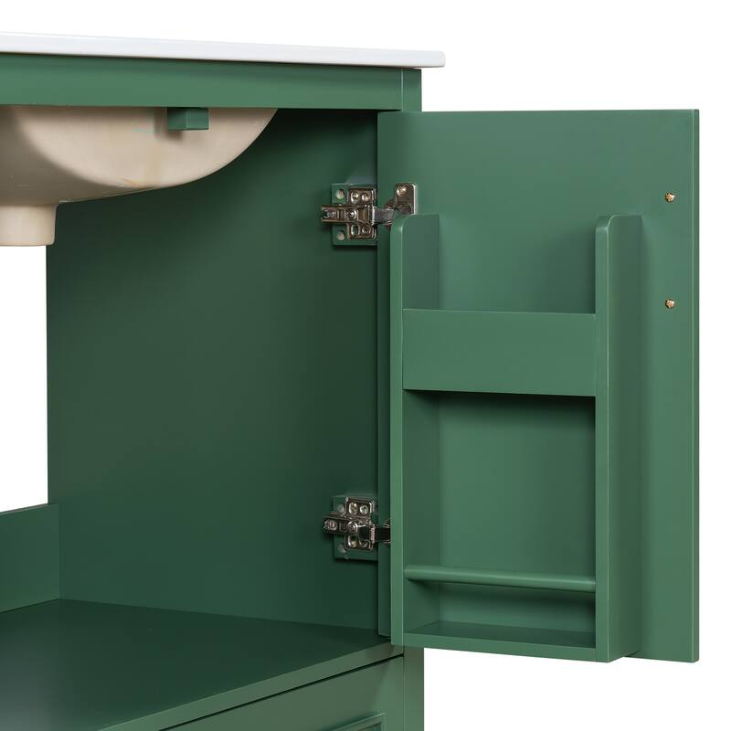 Bathroom Vanity with Ceramic Sink, Freestanding Storage Cabinet with Double Shelf, 1 Divider Drawer & 2 Soft-close Doors