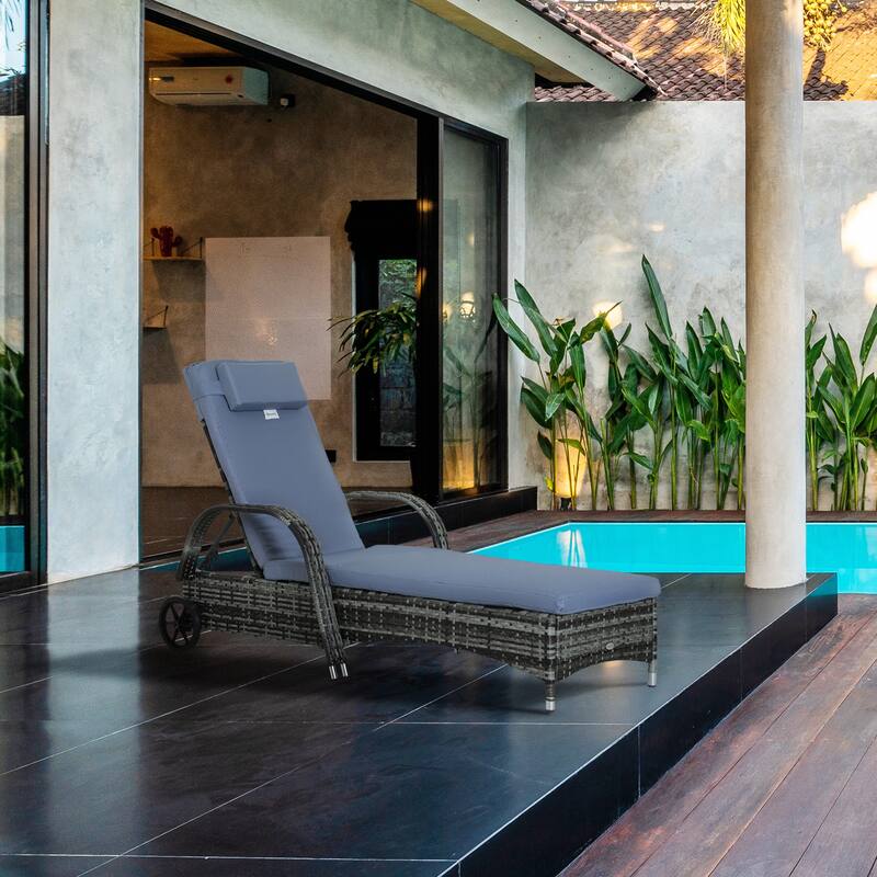 Outsunny Wicker Outdoor Chaise Lounge, 5-Level Adjustable Backrest Pe Rattan Pool Lounge Chair With Wheels, Cushion & Headrest