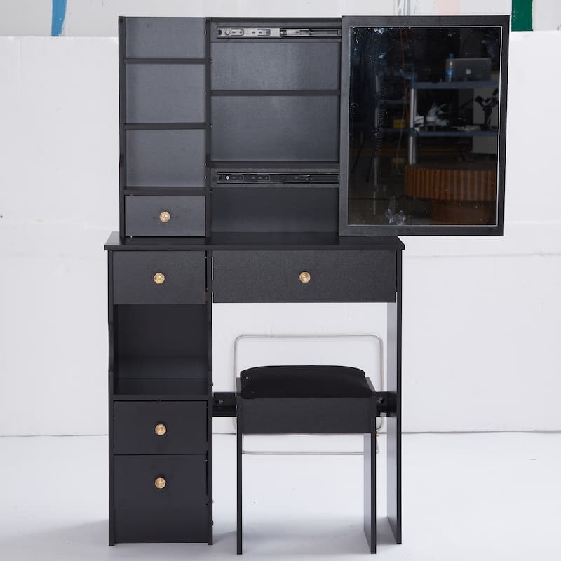29.2" Compact Left-Drawer Vanity Set with Cushioned Stool and Sliding Mirror