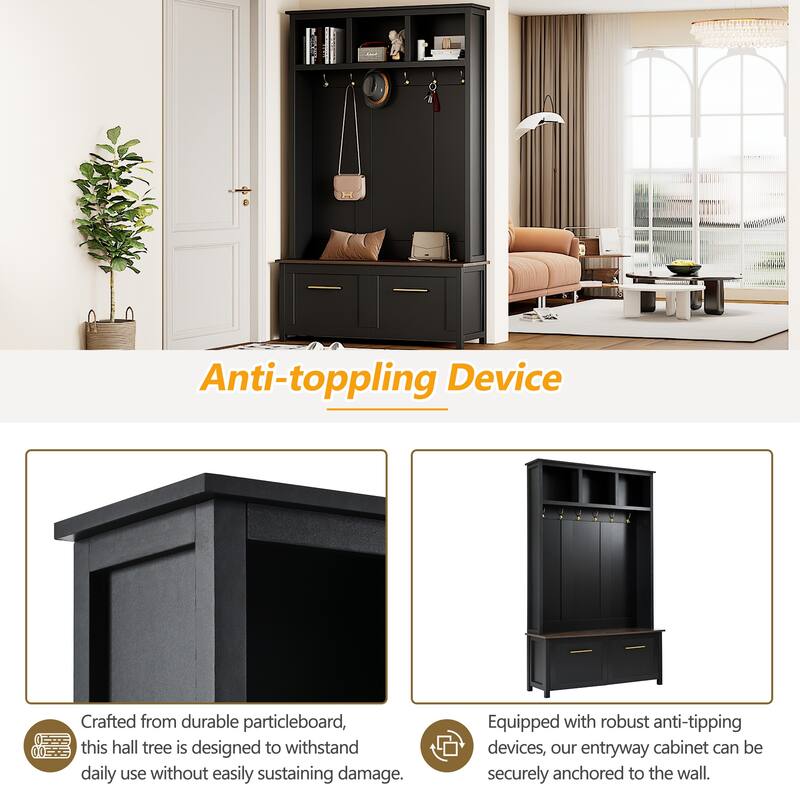 Versatile 4-in-1 Hall Tree with 6 Golden Hooks, Wood Grain Bench & 2 Drawers for Entryway Storage