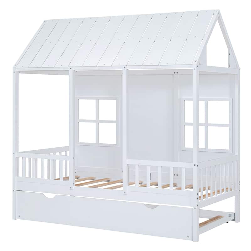 Full Over Twin/Twin Over Twin Wood House Bed, Wooden Bunk Bed with Trundle and Guard Rail for Bedroom