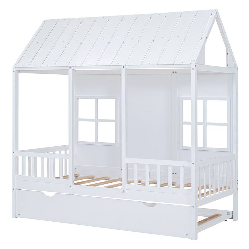 House Platform Bed With Twin Trundle, Wooden Daybed Frame with Rails, Roof and Windows, for Kids Girls Boys