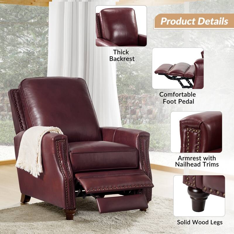 Cigar Mid-century Modern Genuine Leather Recliner with Nailhead Trim Set of 2 by HULALA HOME