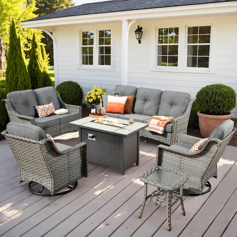 OVIOS 6 Pieces Outdoor Wicker Curved Swivel Chair Set With Fire Table - Deep Gray