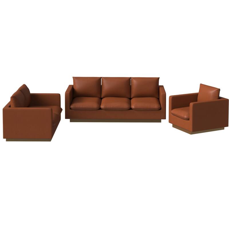 3-Piece Executive Leather Sofa Set with Brushed Gold Stainless Steel Base