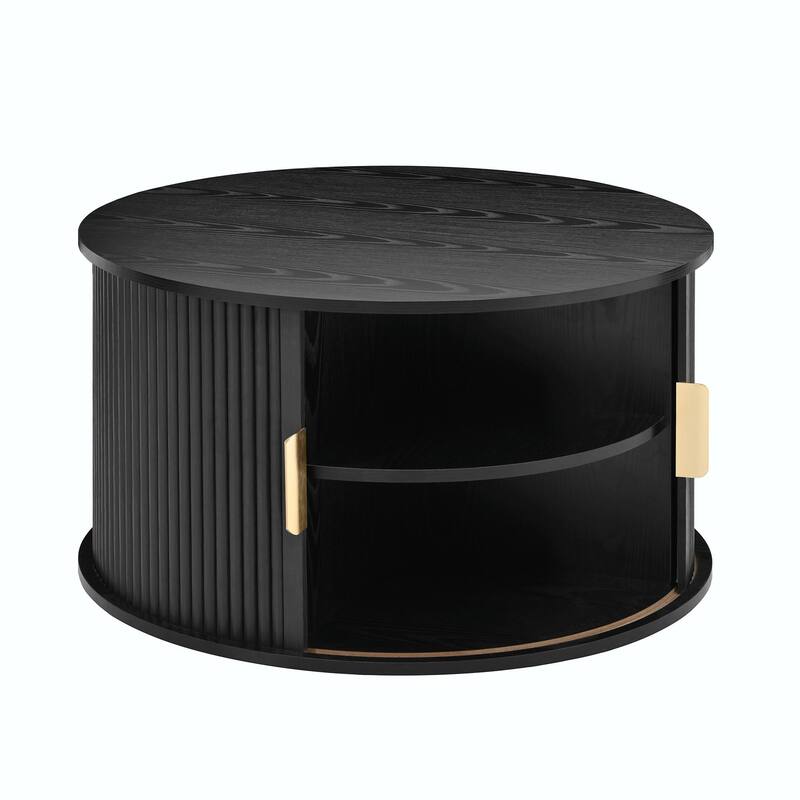 Mid-Century Coffee Table Set with Sliding Tambour Door - Round Fluted End Table with Storage