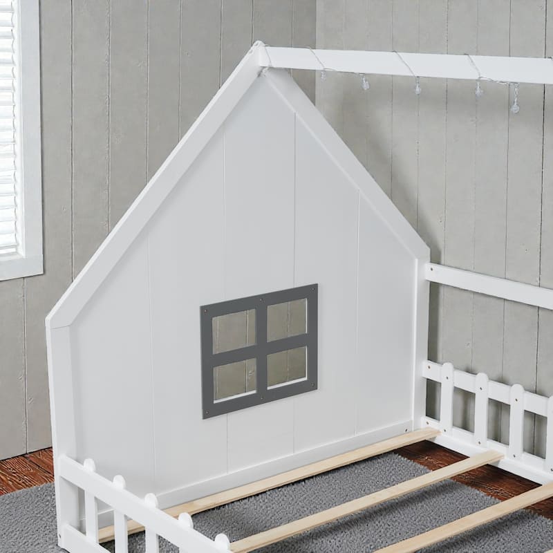 Full Size Wood House Bed with Window, Fence and LED Lights, Rustic Kids Floor Bed Frame