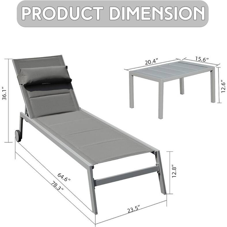 3 Piece Adjustable Patio Lounge Set,Textilene Chaise Chairs with Wheels and Table