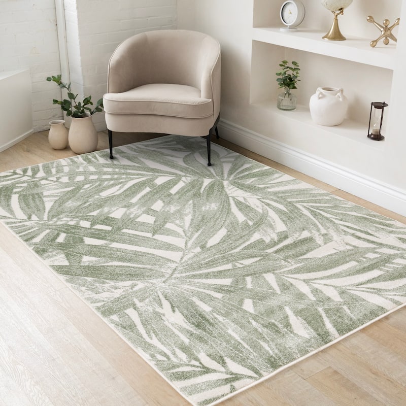Green White Palm Branch Design Living Room Rug