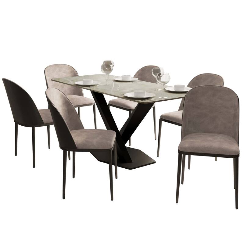 Voren 7-Piece Dining Set 55-Inch Rectangular Sintered Stone Dining Table and 6 Dining Side Chairs - Black/Charcoal