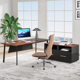 L Shaped Executive Desk Computer Desk and File Cabinet with Drawers ...