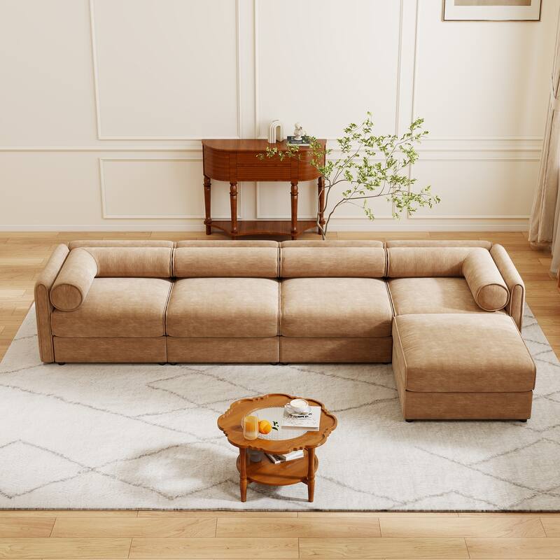 142.5" Chenille L-Shaped Sectional Sofa with Storage & Round Back